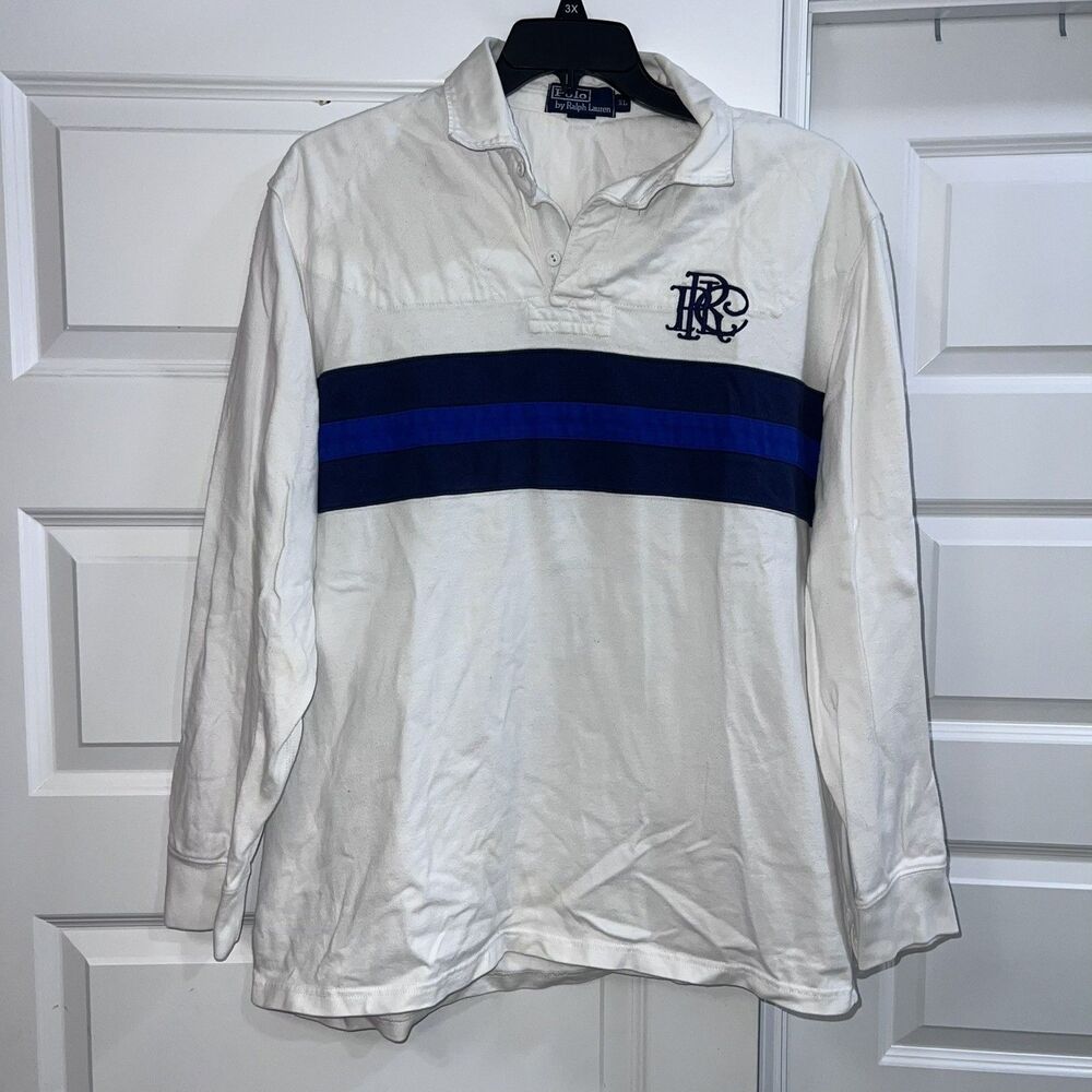 Vintage Polo Ralph Lauren Rugby Shirt Mens XL White Navy Stripe Monogram 90s